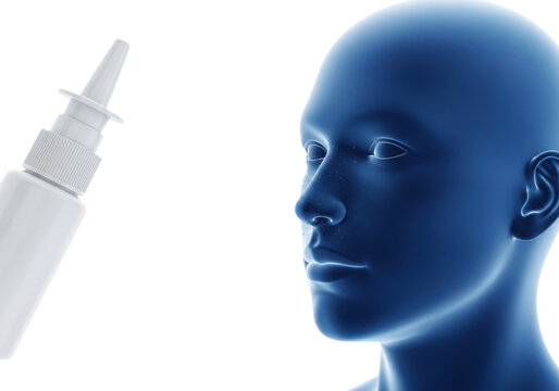 Nasale spray bottle and blue human head profile isolated on transparent background
