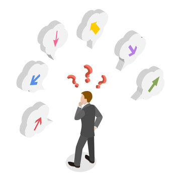 3D Isometric Flat Vector Illustration of Choosing The Right Path, Man Experiencing Confusion With Multiple Direction Arrows Unsure Of Decision Making. Item 2