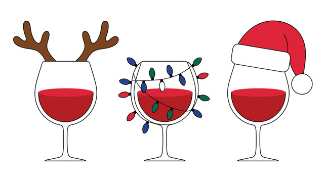 Set of three christmas wine glasses with reindeer antlers, colorful string lights, and a santa hat, festive holiday drink illustrations