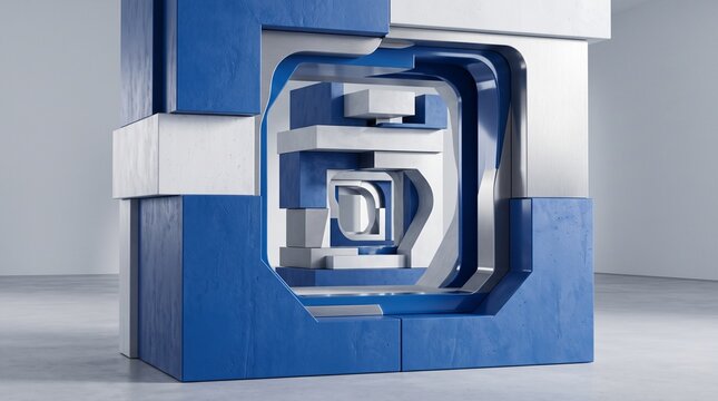 Abstract geometric 3d sculpture in blue and white with nested rectangular frames in a modern minimalist space