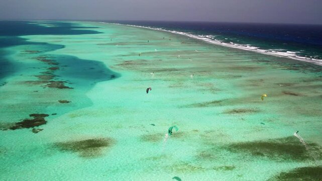 Aerial view of kite surfers in Los Roques archipelago, Venezuela.