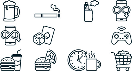 Fototapeta premium Unhealthy Habits and Addiction Line Icon Set Featuring Smoking, Alcohol, Gambling, Fast Food, Shopping, and Infinite Smartphone Screen Time Concepts