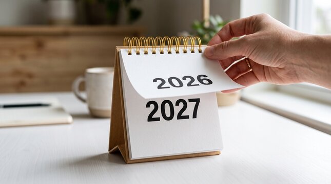 Flip calendar showing change from year 2026 to 2027, minimalist office desk setup with succulent plant, end of year concept
