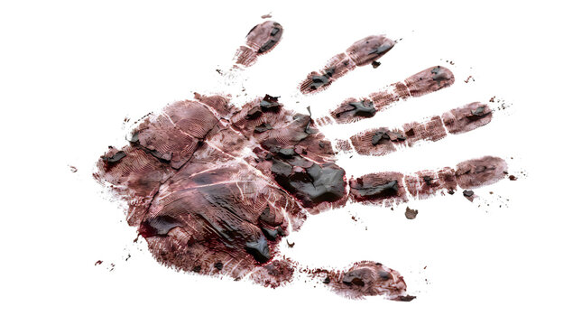 Bloody handprint with dark red texture representing a scary crime scene sign