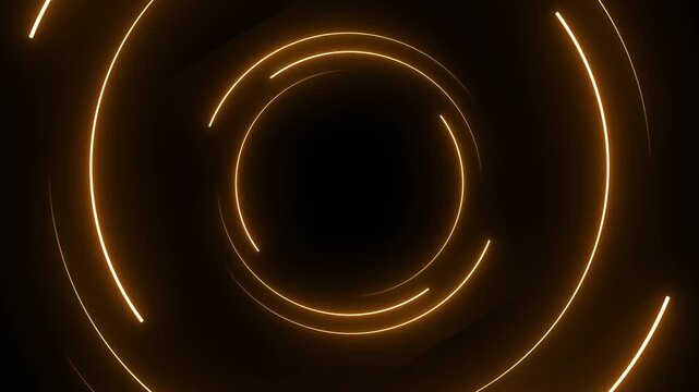 Futuristic animation of concentric glowing golden neon circles rotating on a black background