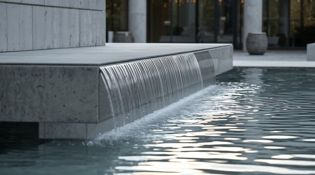 Modern water fountain flowing into pool