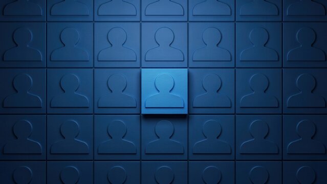 Highlighted blue user profile icon standing out from a grid of identical figures, representing individuality and selection.