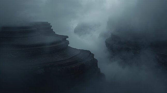 Misty volcanic rock formations with steam