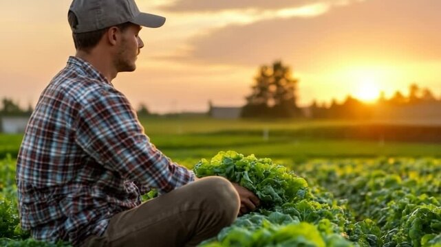 elective focus organic farmer picking fresh lettuce at golden sunrise