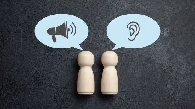 Communication Concept with Two Wooden Figures and Speech Bubbles Showing Speaking and Listening Icons