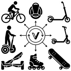 Small Personal Mobility Transport Vehicle Icon Collection Featuring Bicycle Electric Scooter Kick Scooter Skateboard Roller Skates Segway Hoverboard and Electric Unicycle Line Art Vector Illustration  © abaimuhtar
