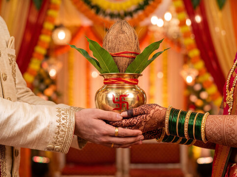 Traditional Indian Wedding Kalash Ceremony with Bride and Groom Holding Sacred Pot
