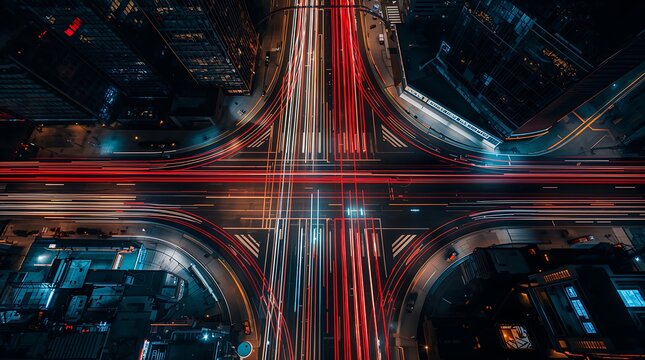 City traffic lights and road at night with car trails