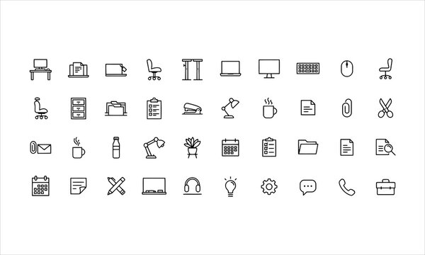 Set outline icons related to workspace. Linear icon collection. Editable stroke. Vector illustration