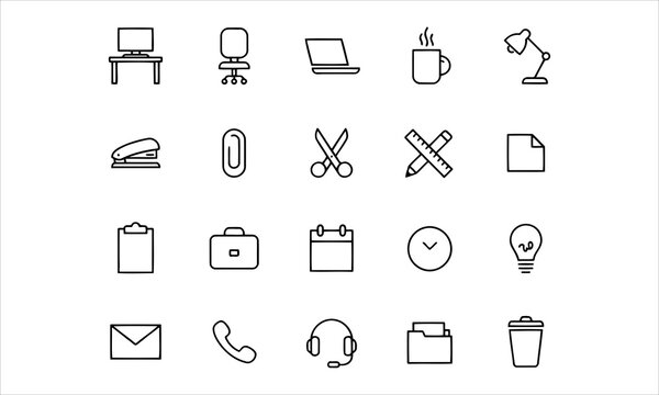 Set outline icons related to workspace. Linear icon collection. Editable stroke. Vector illustration