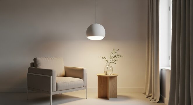 Modern cozy reading corner with pendant light and comfortable armchair