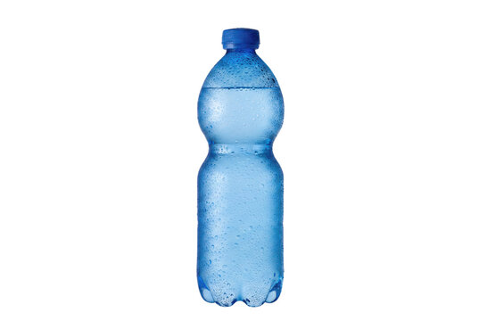 Cold refreshing blue water bottle with condensation droplets