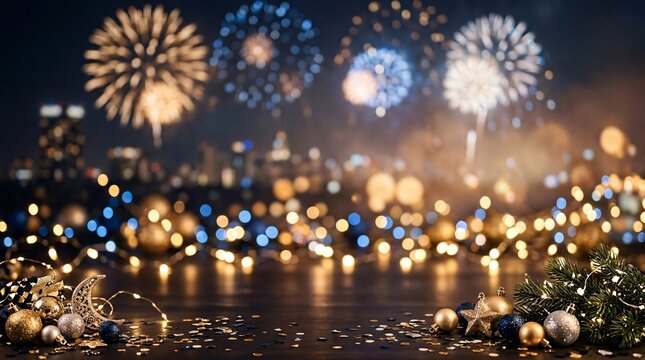 New year celebration background with sparkling fireworks over cityscape and golden christmas decorations with border frame and copy space
