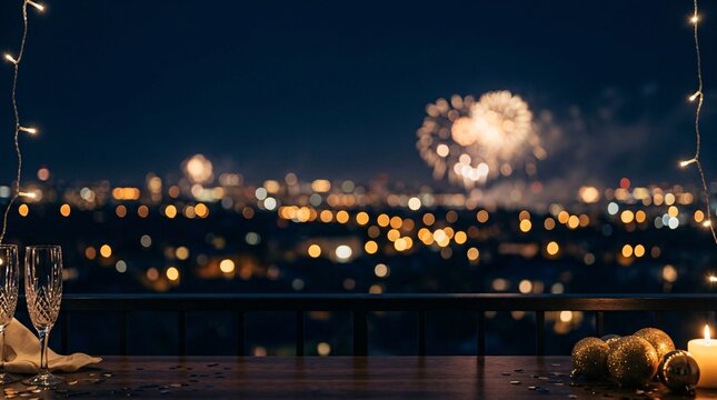 New year's eve celebration with champagne glasses, golden ornaments, candles, and city fireworks background with border frame and copy space
