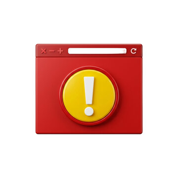 Red 3d web browser window with yellow exclamation mark error icon