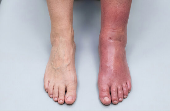 Medical comparison showing acute inflammatory edema and severe erythema on one leg compared to a healthy leg.