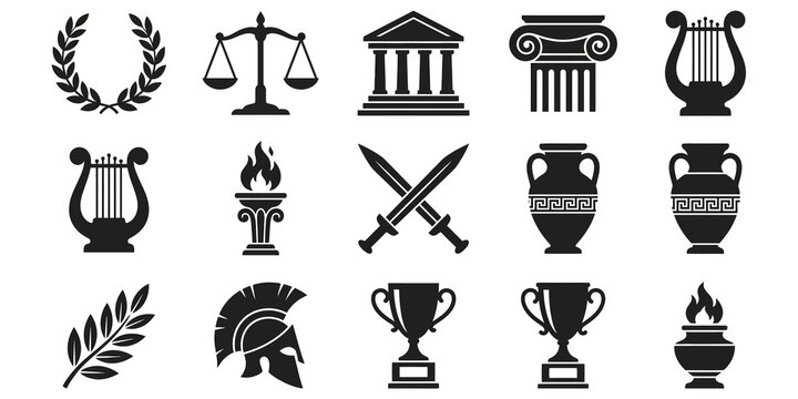 Ancient greece culture and roman empire era black silhouette vector icons collection.