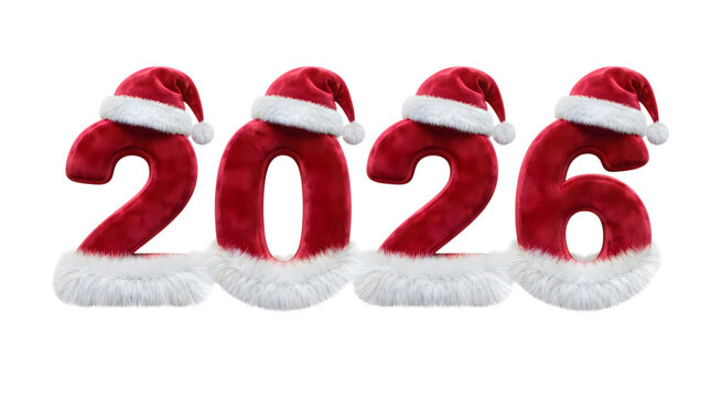 Red 2026 numbers wearing cute santa claus hats for christmas and new year celebration design