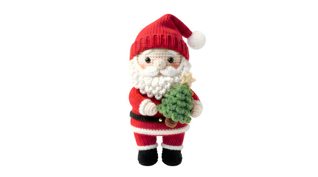Cute handmade crochet santa claus toy holding a small decorative green christmas tree