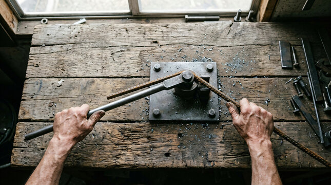 Manual steel rebar bending tool | Craftsman working on wooden workbench | Industrial metal fabrication workshop | Overhead view of worker hands bending steel