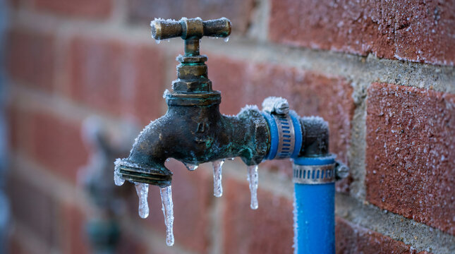 Frozen outdoor water spigot with icicles | Winter plumbing maintenance and frozen pipes | Brass garden tap covered in frost | Outdoor faucet winter damage prevention | Residential cold weather hazards