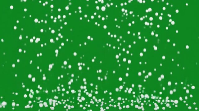 White snow flakes falling downward against a bright green screen background snowflake particles gently drift downwards
