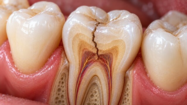 Cross-section of cracked molar with visible dental layers and roots surrounded by pink gums.
