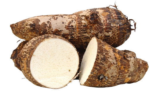 Fresh Whole and Sliced Raw Taro Roots Ready for Cooking