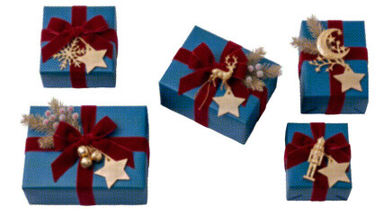 Fototapeta premium CMYK Halftone Blue Christmas Gift Boxes with Red Ribbons Isolated PNG Element Set for Holiday Y2K Design