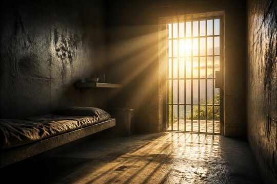 Prison cell illuminated by sunlight through barred door