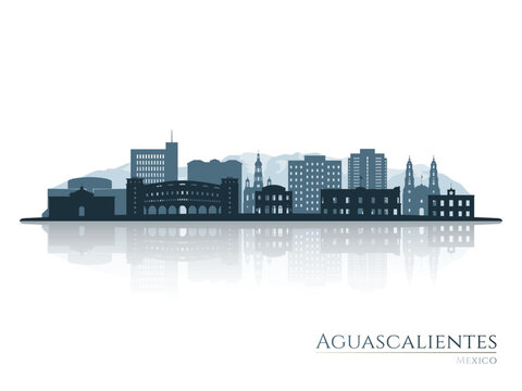 Aguascalientes skyline silhouette with reflection. Landscape Aguascalientes, Mexico. Vector illustration.