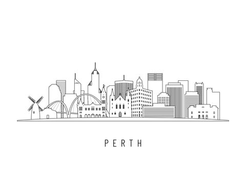 Detailed Perth skyline vector illustration. Perth buildings in line art style, perfect for modern designs.