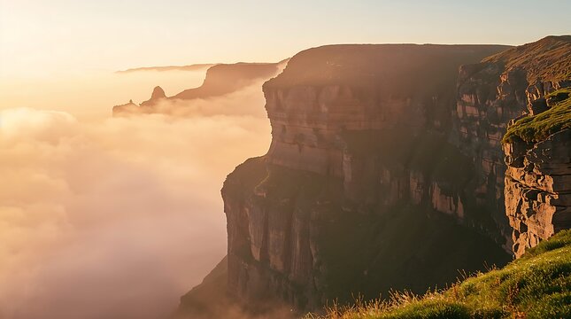 Misty cliffs overlooking ocean at golden hour