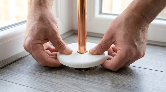 Close up of hands installing a white plastic radiator pipe collar around a copper pipe on grey laminate floors