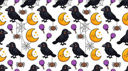 Fototapeta premium Seamless Pattern with Kawaii Halloween Crows Moon and Spiders