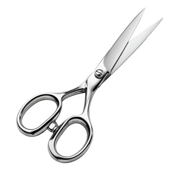 Polished stainless steel scissors with sharp blades isolated on transparent background top view