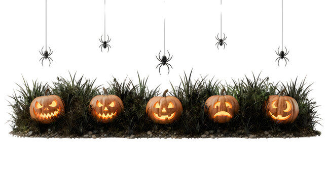 Five carved glowing halloween pumpkins sitting in a dark bush with hanging black spiders