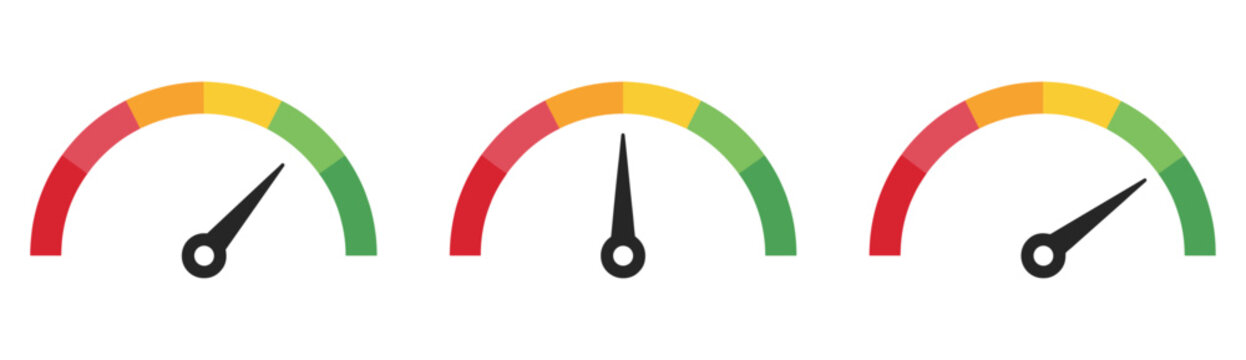 Gauge Performance Indicators. Three gauges show varying levels of performance, from low to high, indicated by color-coded scales and needle pointers, representing a rating system.