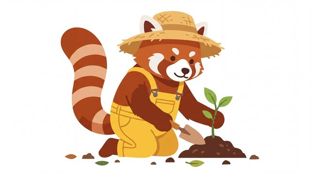 Cute red panda gardener planting a small green sprout in soil
