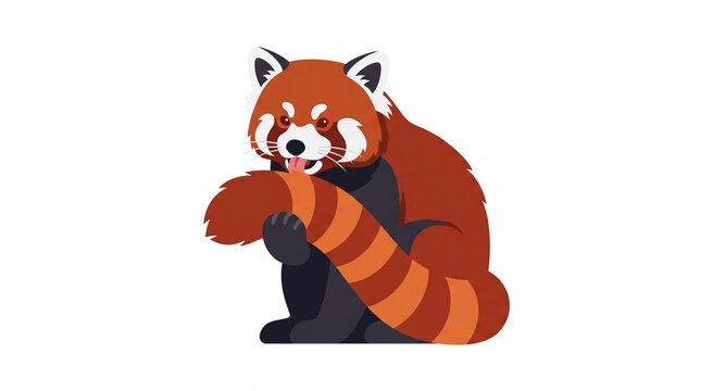 Red panda grooming its long striped tail in flat vector style