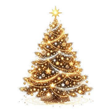 Beautiful golden glittery christmas tree with star topper isolated on transparent background