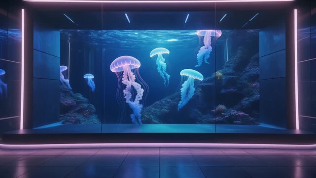Bioluminescent jellyfish aquarium footage. Modern laboratory interior with neon pink lighting and glass exhibit. High-tech marine life stock video for science fiction cinematic project use today.