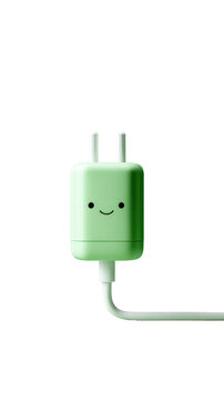 Cute smiling wall charger with cable minimalist pastel green 3D render isolated on transparent