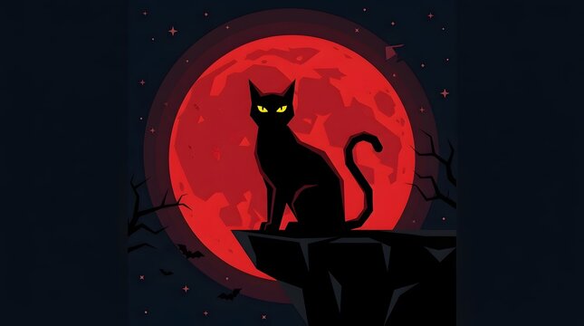 Black cat sitting on a cliff edge in front of a large red full moon in a dark night sky