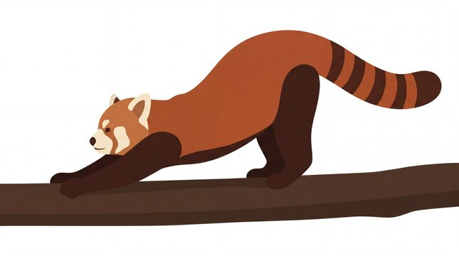 Red panda stretching on a tree branch against a white background